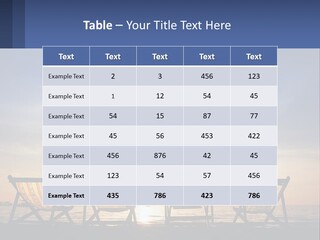 Two Chairs Sitting On A Beach With The Sun Setting In The Background PowerPoint Template