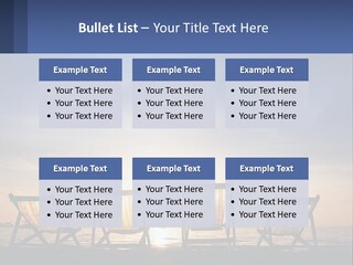 Two Chairs Sitting On A Beach With The Sun Setting In The Background PowerPoint Template