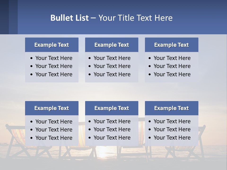 Two Chairs Sitting On A Beach With The Sun Setting In The Background PowerPoint Template
