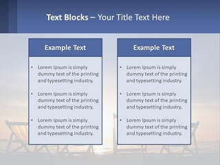 Two Chairs Sitting On A Beach With The Sun Setting In The Background PowerPoint Template