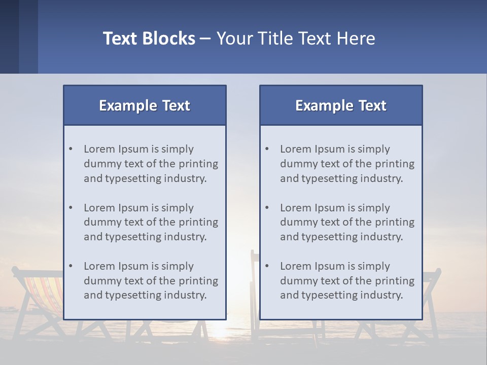 Two Chairs Sitting On A Beach With The Sun Setting In The Background PowerPoint Template