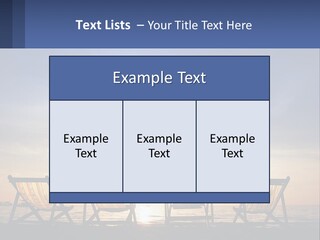 Two Chairs Sitting On A Beach With The Sun Setting In The Background PowerPoint Template