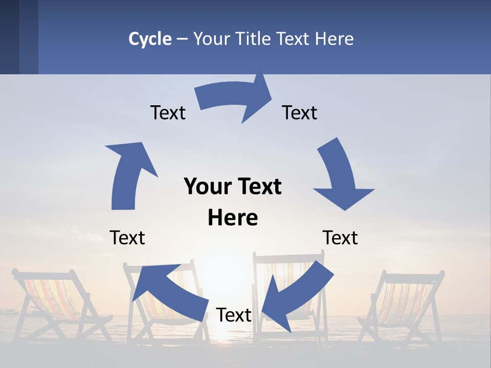 Two Chairs Sitting On A Beach With The Sun Setting In The Background PowerPoint Template