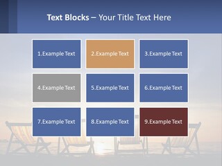 Two Chairs Sitting On A Beach With The Sun Setting In The Background PowerPoint Template