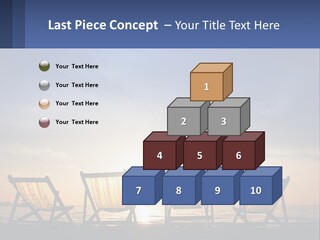 Two Chairs Sitting On A Beach With The Sun Setting In The Background PowerPoint Template