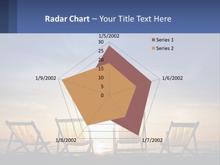 Two Chairs Sitting On A Beach With The Sun Setting In The Background PowerPoint Template