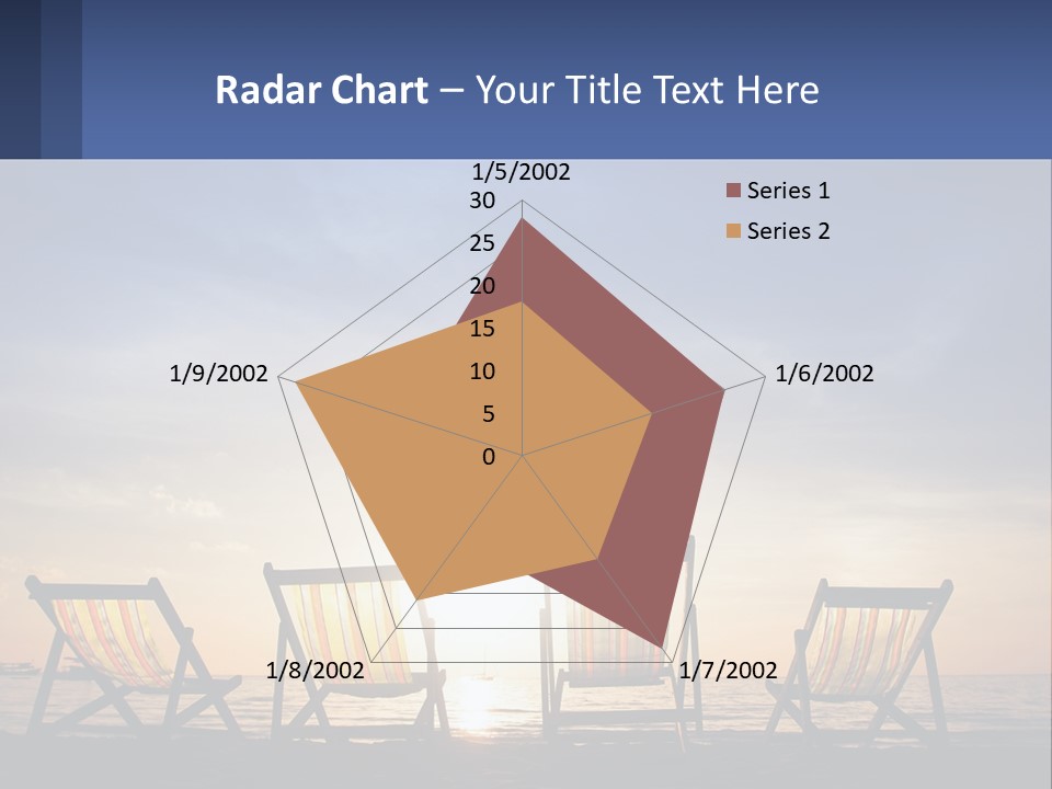 Two Chairs Sitting On A Beach With The Sun Setting In The Background PowerPoint Template