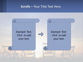 Two Chairs Sitting On A Beach With The Sun Setting In The Background PowerPoint Template