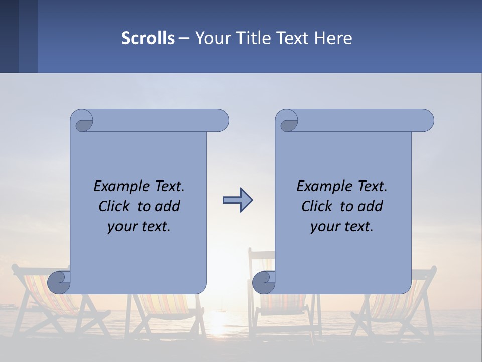 Two Chairs Sitting On A Beach With The Sun Setting In The Background PowerPoint Template