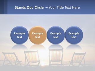 Two Chairs Sitting On A Beach With The Sun Setting In The Background PowerPoint Template