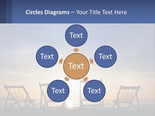 Two Chairs Sitting On A Beach With The Sun Setting In The Background PowerPoint Template