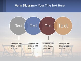 Two Chairs Sitting On A Beach With The Sun Setting In The Background PowerPoint Template