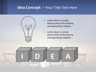 Two Chairs Sitting On A Beach With The Sun Setting In The Background PowerPoint Template