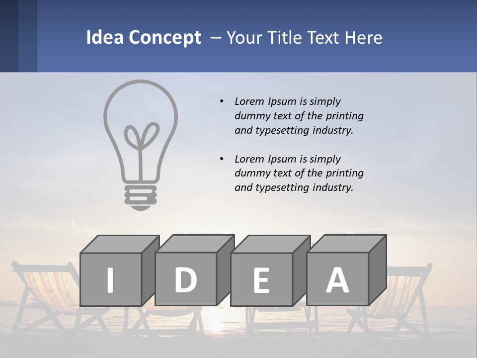 Two Chairs Sitting On A Beach With The Sun Setting In The Background PowerPoint Template