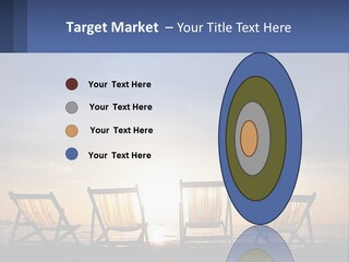 Two Chairs Sitting On A Beach With The Sun Setting In The Background PowerPoint Template