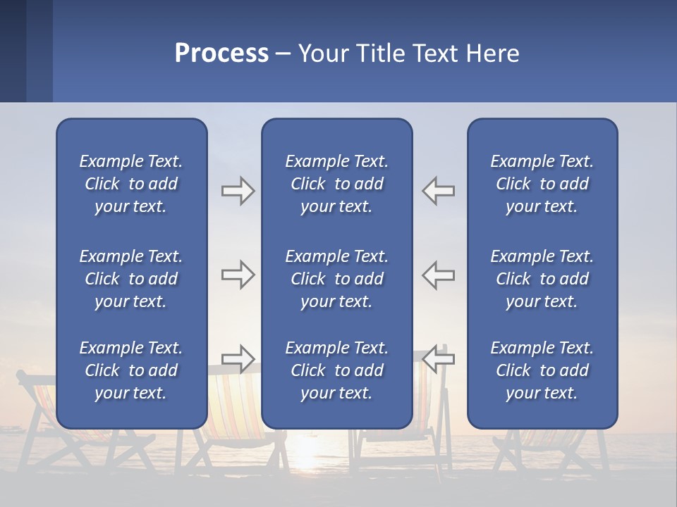 Two Chairs Sitting On A Beach With The Sun Setting In The Background PowerPoint Template