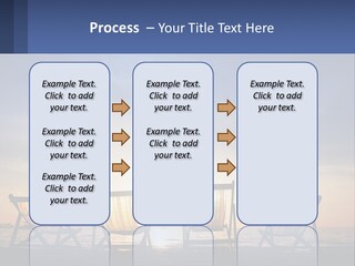 Two Chairs Sitting On A Beach With The Sun Setting In The Background PowerPoint Template