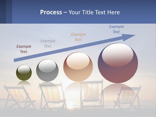 Two Chairs Sitting On A Beach With The Sun Setting In The Background PowerPoint Template