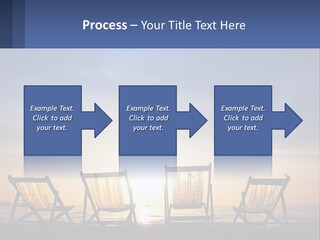 Two Chairs Sitting On A Beach With The Sun Setting In The Background PowerPoint Template