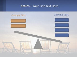 Two Chairs Sitting On A Beach With The Sun Setting In The Background PowerPoint Template