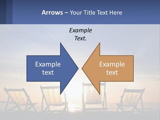 Two Chairs Sitting On A Beach With The Sun Setting In The Background PowerPoint Template