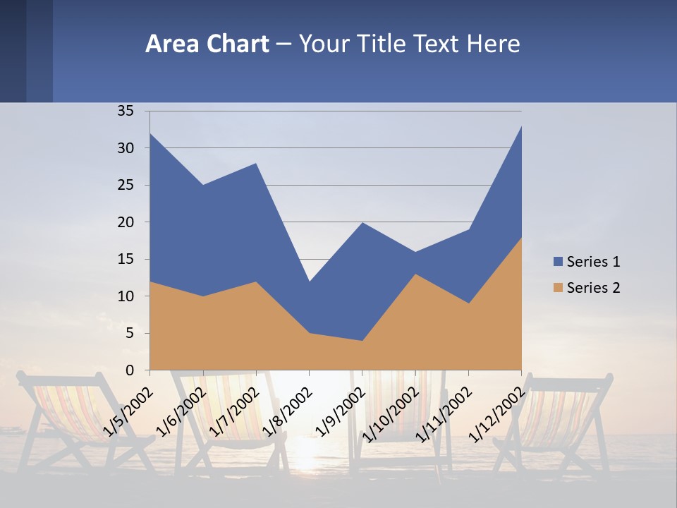 Two Chairs Sitting On A Beach With The Sun Setting In The Background PowerPoint Template