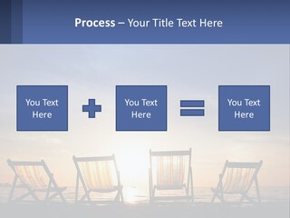 Two Chairs Sitting On A Beach With The Sun Setting In The Background PowerPoint Template