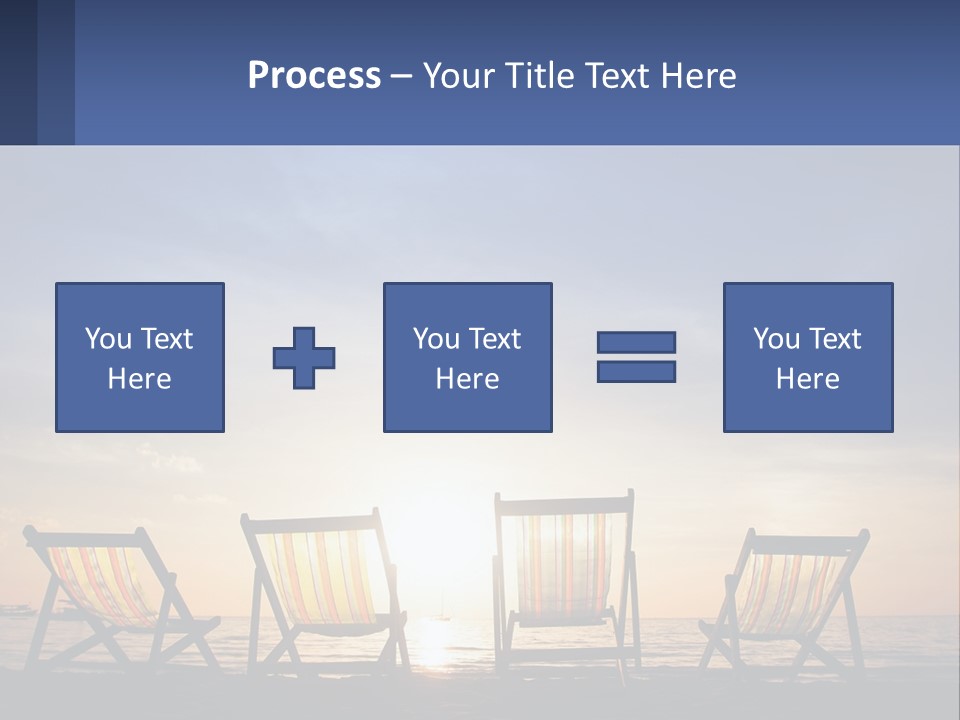 Two Chairs Sitting On A Beach With The Sun Setting In The Background PowerPoint Template