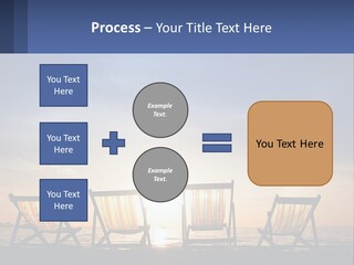 Two Chairs Sitting On A Beach With The Sun Setting In The Background PowerPoint Template