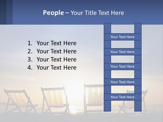 Two Chairs Sitting On A Beach With The Sun Setting In The Background PowerPoint Template
