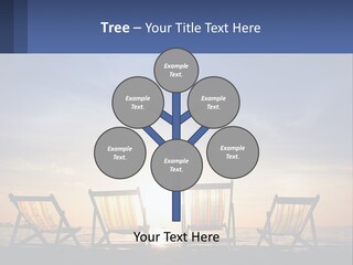 Two Chairs Sitting On A Beach With The Sun Setting In The Background PowerPoint Template