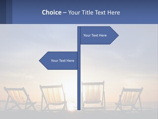 Two Chairs Sitting On A Beach With The Sun Setting In The Background PowerPoint Template