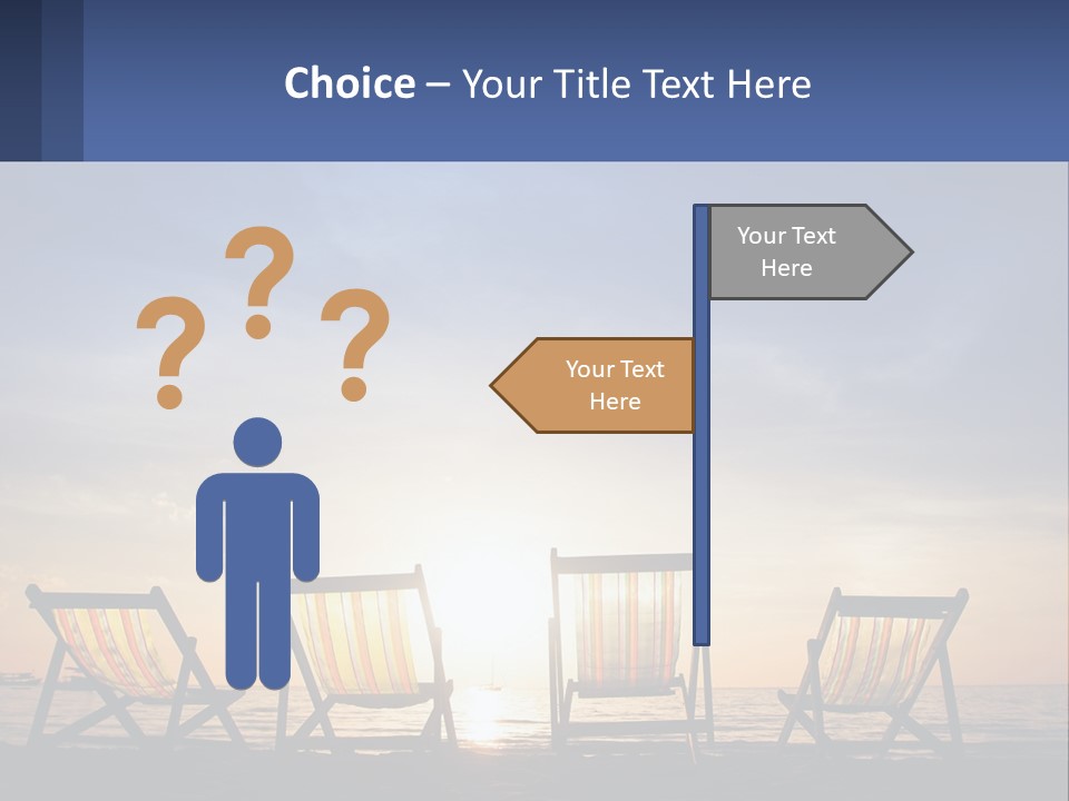 Two Chairs Sitting On A Beach With The Sun Setting In The Background PowerPoint Template