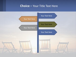 Two Chairs Sitting On A Beach With The Sun Setting In The Background PowerPoint Template