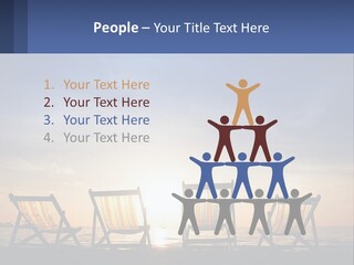 Two Chairs Sitting On A Beach With The Sun Setting In The Background PowerPoint Template