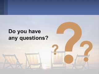 Two Chairs Sitting On A Beach With The Sun Setting In The Background PowerPoint Template