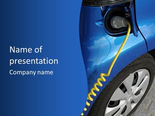 A Blue Car With An Electric Charger Plugged Into It PowerPoint Template