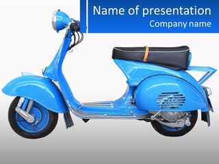 A Blue Motor Scooter With A Black Seat PowerPoint Template