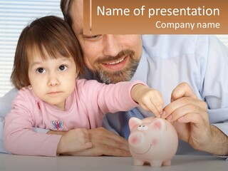 A Man And A Little Girl Putting A Piggy Bank Into A Piggy Bank PowerPoint Template