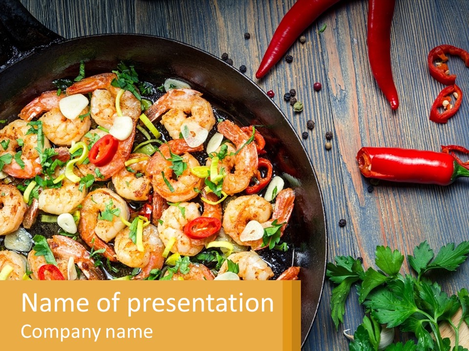A Pan Filled With Shrimp And Vegetables On Top Of A Wooden Table PowerPoint Template