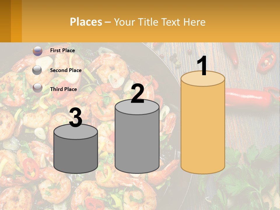 A Pan Filled With Shrimp And Vegetables On Top Of A Wooden Table PowerPoint Template