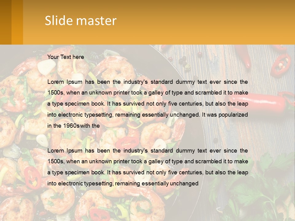 A Pan Filled With Shrimp And Vegetables On Top Of A Wooden Table PowerPoint Template
