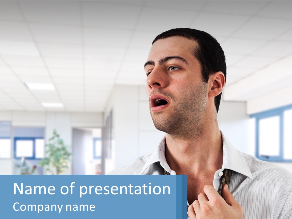 A Man In A White Shirt Is Holding A Blue Sign PowerPoint Template