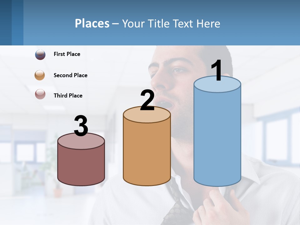 A Man In A White Shirt Is Holding A Blue Sign PowerPoint Template