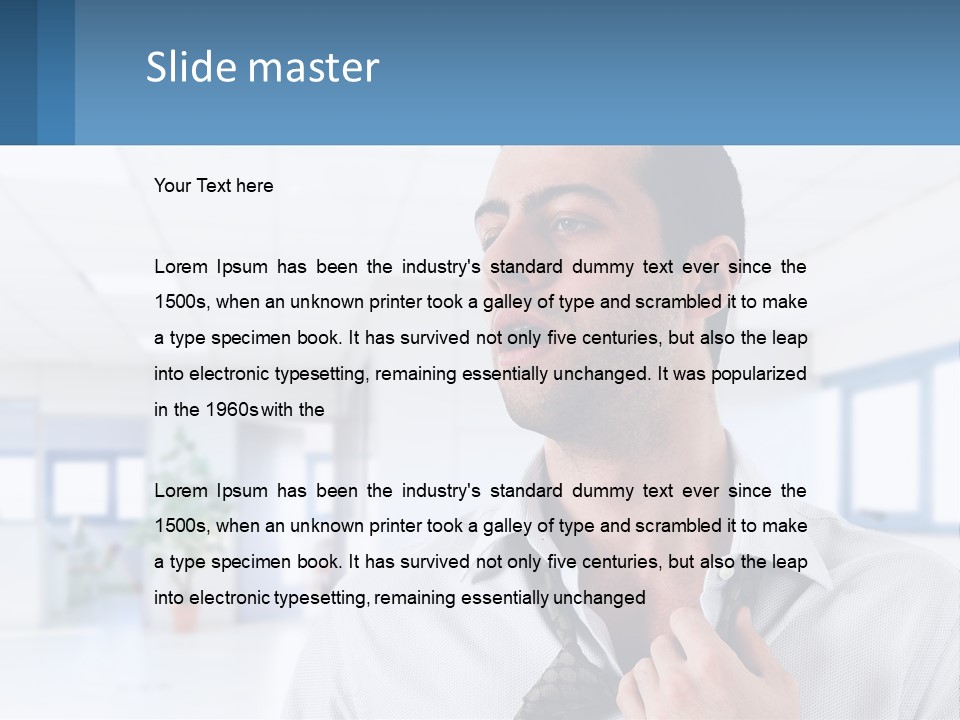 A Man In A White Shirt Is Holding A Blue Sign PowerPoint Template