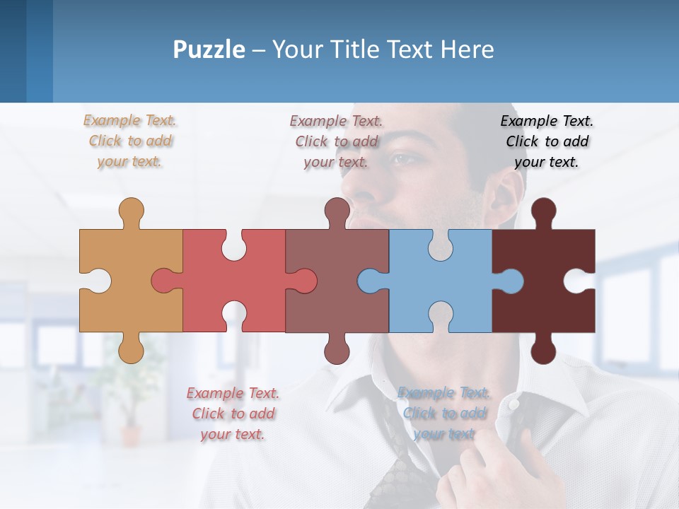 A Man In A White Shirt Is Holding A Blue Sign PowerPoint Template