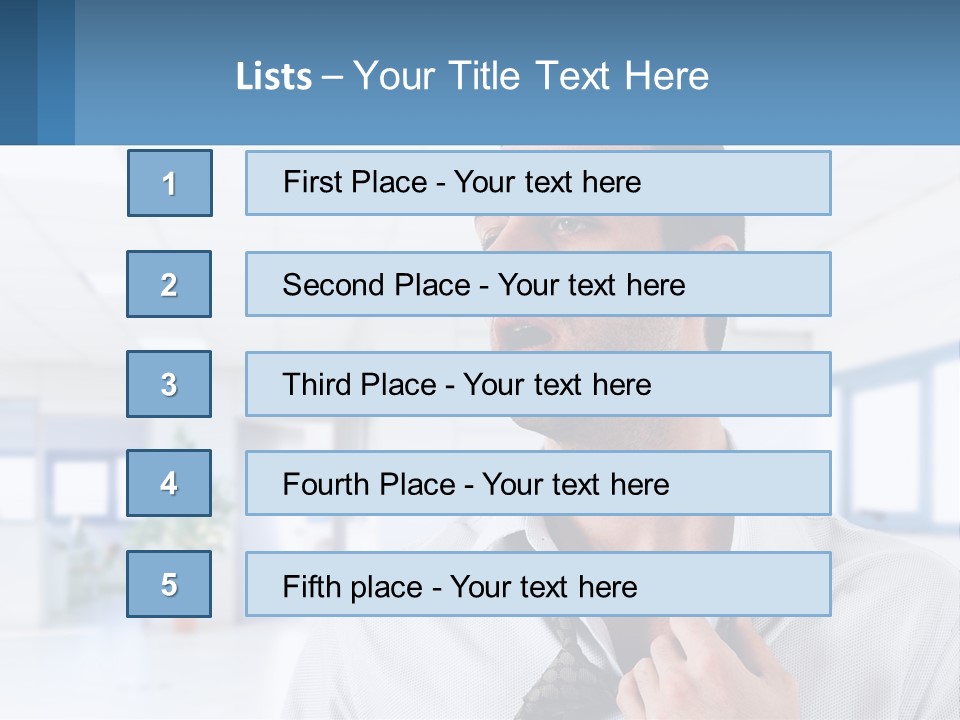 A Man In A White Shirt Is Holding A Blue Sign PowerPoint Template