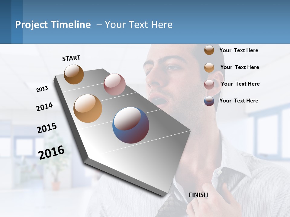 A Man In A White Shirt Is Holding A Blue Sign PowerPoint Template