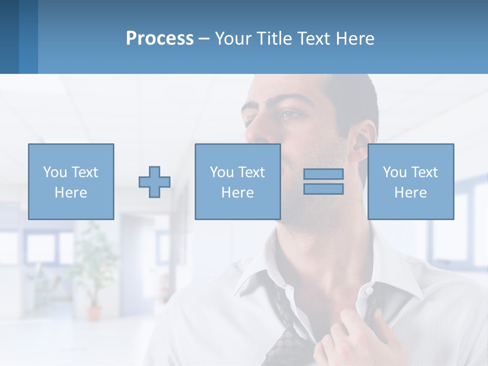 A Man In A White Shirt Is Holding A Blue Sign PowerPoint Template