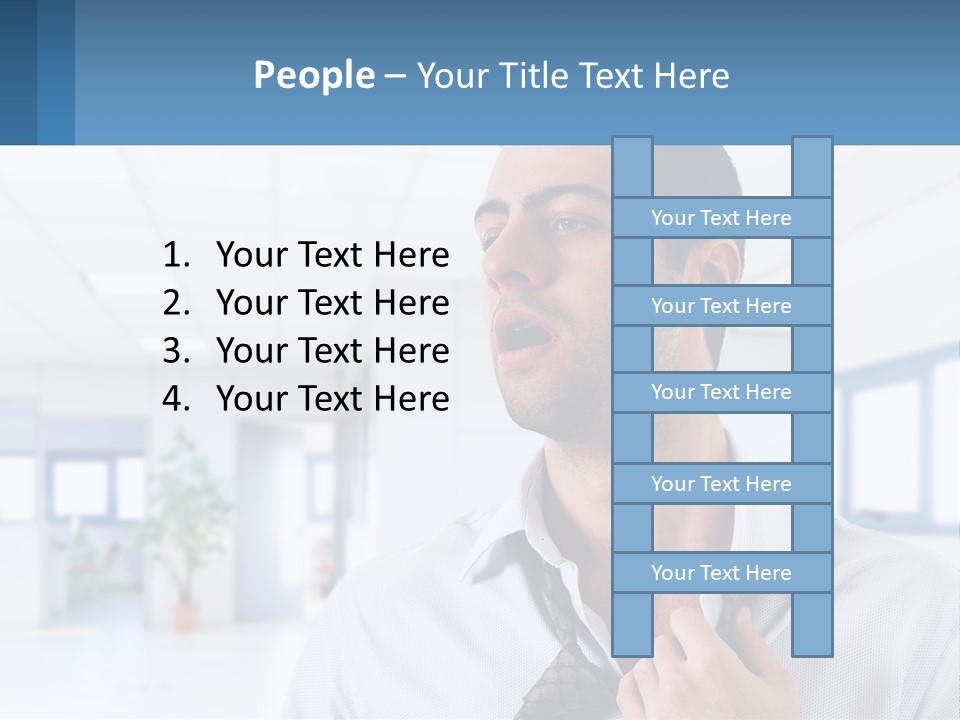A Man In A White Shirt Is Holding A Blue Sign PowerPoint Template